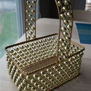Gold Beaded Wire Decorative Basket with Handle